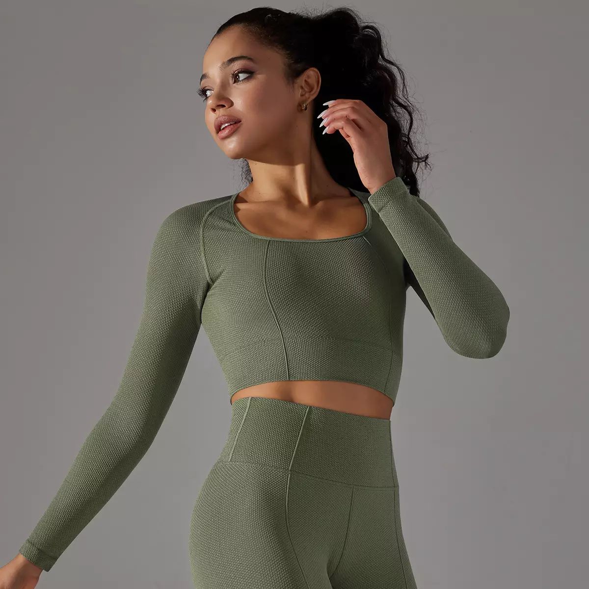 New Ribbed Spandex Long Sleeve Workout Sets For Women